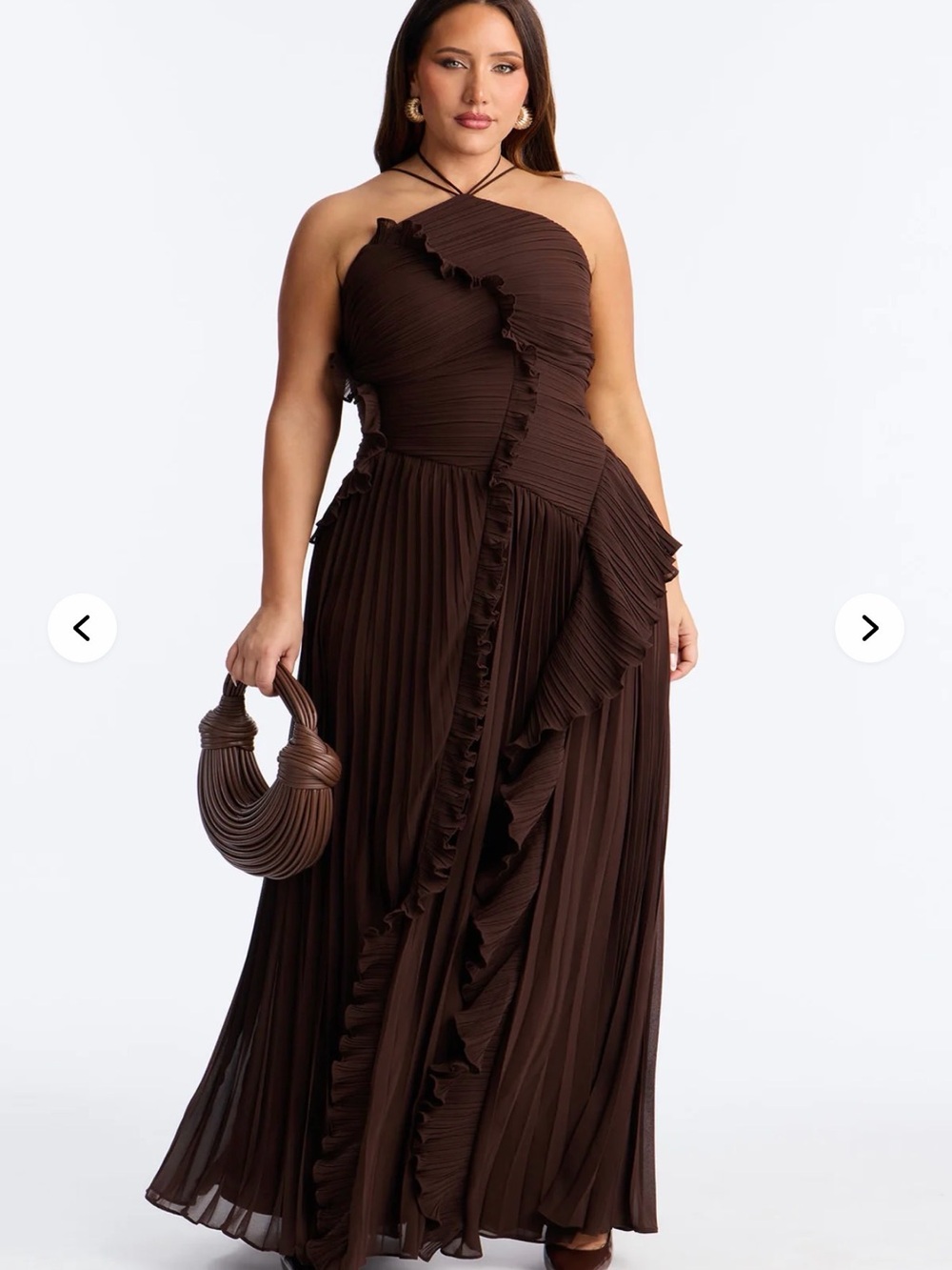 Fashion Nova One-Shoulder Ruffle Pleated Maxi Dress in Brown